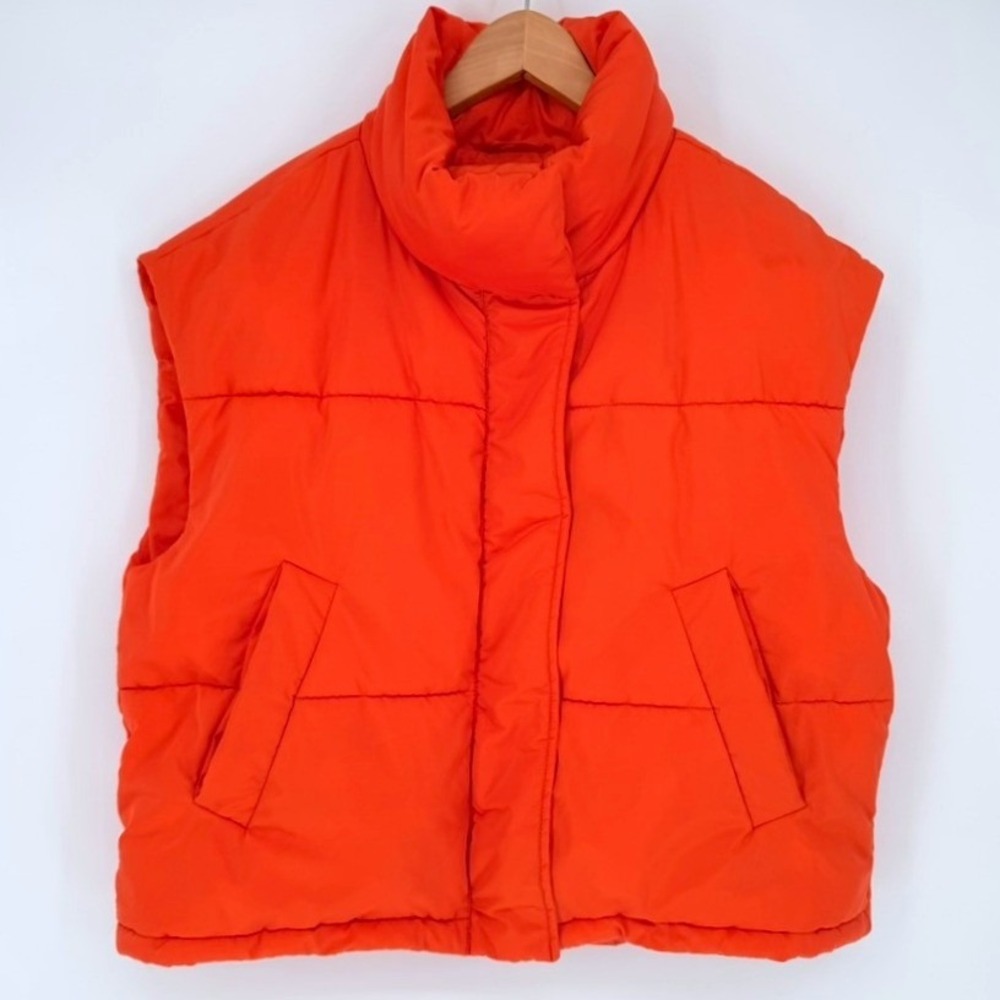 Zara Womens Orange Puffer Vest Funnel Neck Quilted Sleeveless Jacket XS-S Neon